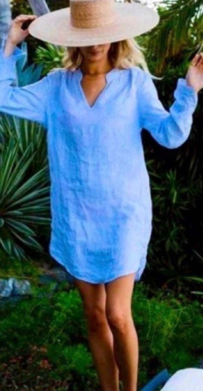 HIHO Women's Capri Blue Bananakeet Linen Dress Tunic Size XL NWT